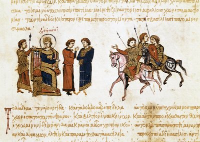 A coroação do imperador bizantino Leão V, o armênio (775-820), miniatura de "Synopsis historiarum", c.1126-1150 de John Scylitzes