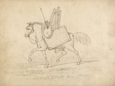 Um cavalo carregado com parafernália de artista, caminhando para a esquerda (grafite no papel) de John Sell Cotman