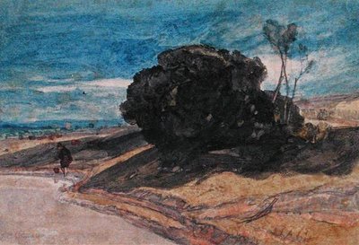 Um pescador em uma margem do rio perto de uma torrente de árvores (aquarela sobre papel) de John Sell Cotman