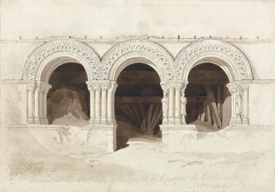 Arcos no lado oeste do Claustro de St. Georges de Boscherville, perto de Rouen, Normandia, c.1818 (grafite, lavagem marrom e caneta e tinta no papel no cartão) (ver 172543) de John Sell Cotman