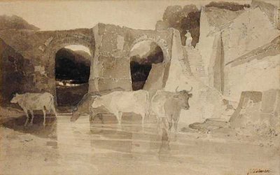 Ponte e vacas (caneta e tinta e lavagem em papel) de John Sell Cotman
