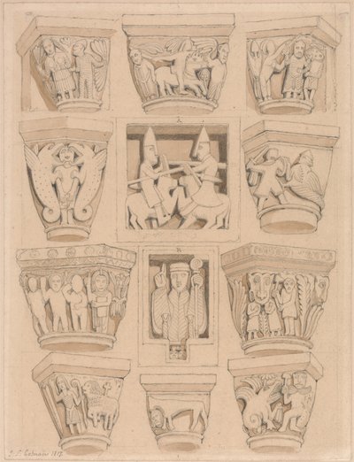 Capitais e baixos-relevos A e B na Igreja da Abadia de Saint Georges de Bocherville, perto de Rouen, Normandia de John Sell Cotman