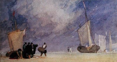 Números da Costa Descarregar um Barco na Maré Baixa (caneta e tinta castanha e aguarela sobre papel) de John Sell Cotman