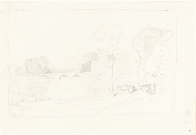 Esboço de paisagem com ponte e castelo de John Sell Cotman