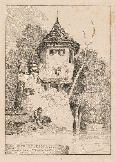 Liber Studiorum; Frontispício, vista de uma casa de jardim às margens do rio Yare de John Sell Cotman