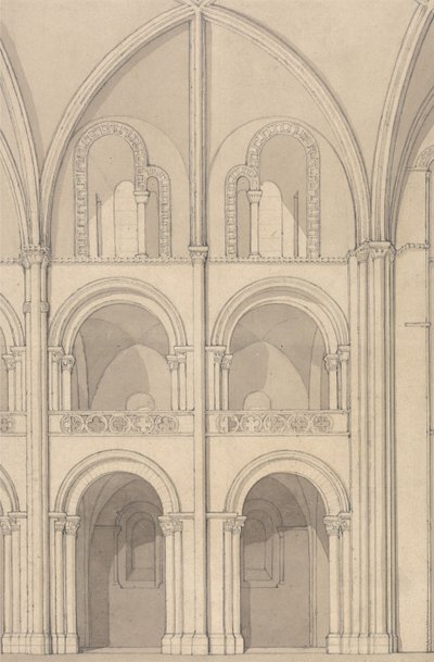 Elevação em perspetiva de parte da igreja abacial de Santo Estêvão em Caen, Normandia de John Sell Cotman