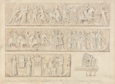 Escultura sobre um conjunto de capitéis nos claustros da igreja da abadia de Saint Georges de Bocherville, perto de Rouen, Normandia de John Sell Cotman