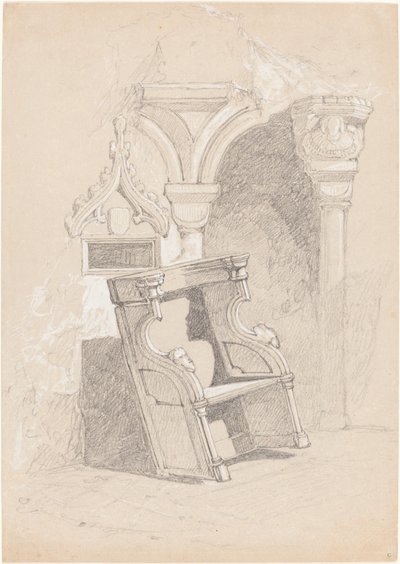Esboço do interior da igreja em ruínas com cadeira de John Sell Cotman