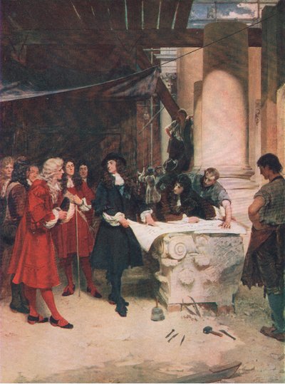 Visita do Rei Carlos a Wren durante a construção de St Pauls, ilustração de The History of the British People publicada por Waverley, c.1940 (litho) de John Seymour Lucas