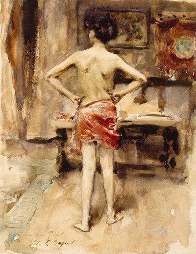 The Model, 1876 (wc sobre lápis de grafite em papel tecido) de John Singer Sargent