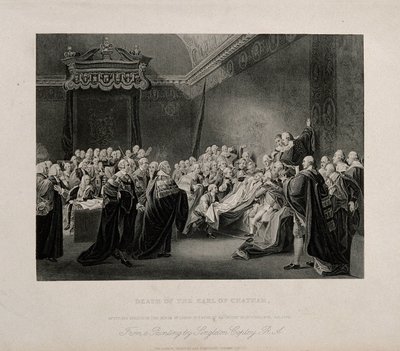 A morte de William Pitt, Lord Chatham, na Câmara Alta do Palácio de Westminster, em 1778. Gravura inspirada numa obra de J. Copley, de 1779. de John Singleton Copley