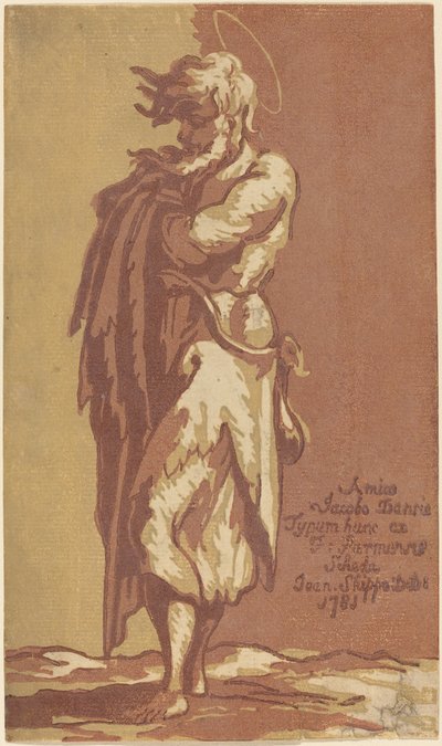 Santo masculino em pé, com os braços cruzados, virado para a esquerda de John Skippe after Parmigianino