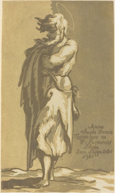 Santo masculino em pé, com os braços cruzados, virado para a esquerda de John Skippe after Parmigianino