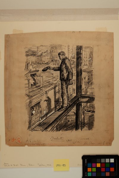 Salute, c.1911 (tinta, carvão e tinta branca de zinco sobre papel) de John French Sloan