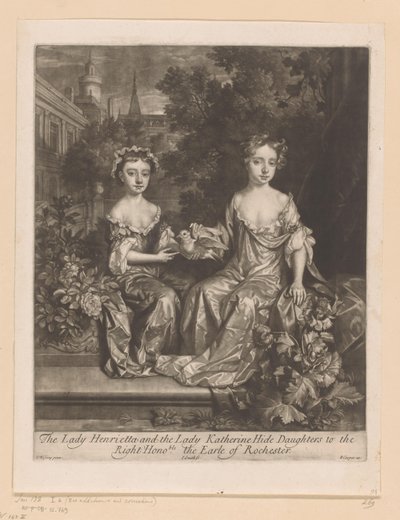 Portret van Henrietta e Katherine Hyde conheceu een duif A Lady Henrietta e a Lady Katherine Hide Daughters to the / Right Honorable the Earle of Rochester (título no objeto) de John Smith