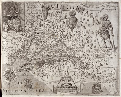 Mapa da Virgínia, descoberto e descrito pelo capitão John Smith, 1606, gravado por William Hole (fl. 1607-24), publicado em 1612 (ver também 174212) de John Smith 2