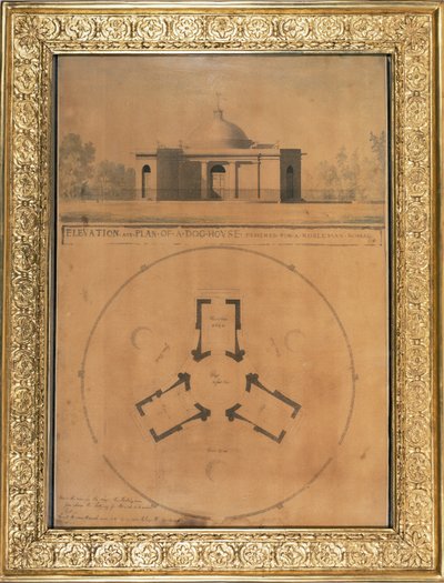 Elevação e Plano de uma casa de cachorro, 1779 (caneta e tinta e wc no papel) de John Soane