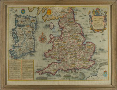 Mapa representando as invasões da Inglaterra e da Irlanda com al [sic] suas guerras Civill [sic] desde a conquista, c.1627 (gravura colorida à mão) de John Speed