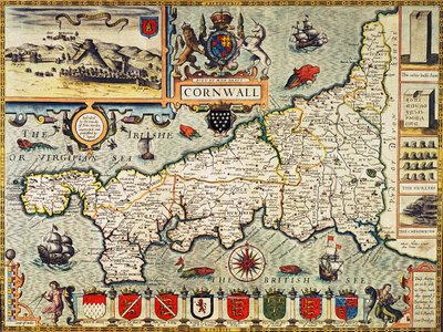 Mapa da Cornualha do &39;Teatro do Império da Grã-Bretanha&39;, pub. em Londres por George Humble, edição de 1627 (gravura colorida à mão) de John Speed