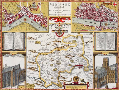 Midle-sexo descrito com as cidades mais famosas de Londres e Westminster, de Speed &39;Theatre of the Empire of Britain&39;, 1611-12 (gravura de cobre colorido à mão) de John Speed
