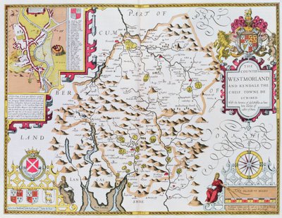 O condado de Westmorland, gravado por Jodocus Hondius (1563-1612) do teatro de John Speeds do império de Grâ Bretanha, bar. por John Sudbury e George Humble, 1611-12 (engra de cobre colorido à mão de John Speed