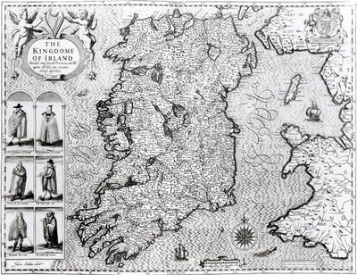 O Reino da Irlanda, gravado por Jodocus Hondius (1563-1612), "Teatro do Império da Grã-Bretanha", pub. por John Sudbury e George Humble, 1611-12 (veja 108099 para detai de John Speed