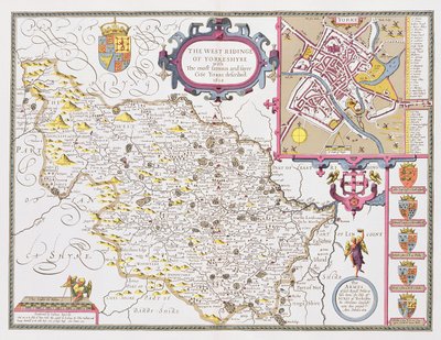 O West Ridinge de Yorkeshyre, gravado por Jodocus Hondius (1563-1612) de John Speed &39;Teatro do Império da Grã-Bretanha&39;, 1611-12 (gravura de cobre colorida à mão) de John Speed