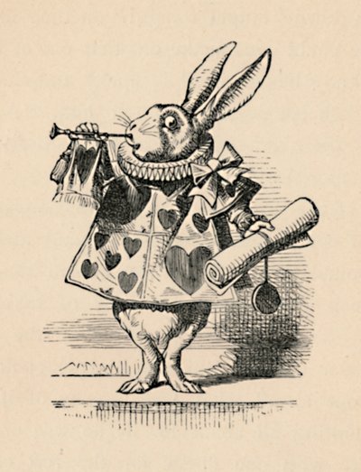 Um coelho como oficial da corte tocando uma trombeta para um anúncio, 1889 de John Tenniel
