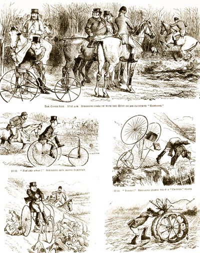 Um desenho animado representando um homem caçando em um triciclo. Ilustrado por John Tenniel (1820-1914) um ilustrador inglês, humorista gráfico e caricaturista político. de John Tenniel