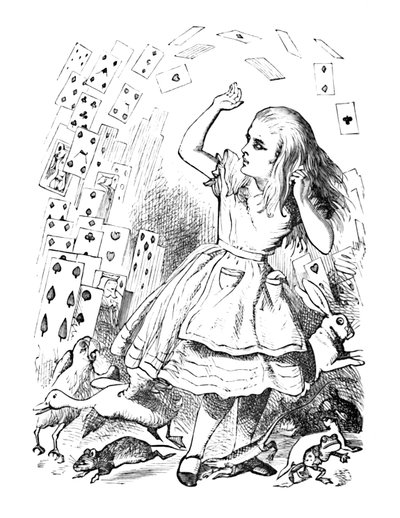 Um baralho voando sobre Alice, 1889 de John Tenniel