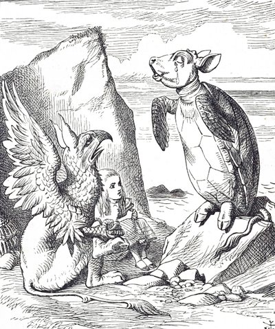 Alice, a Tartaruga Falsa e o Gryphon das Aventuras de Alice no País das Maravilhas de John Tenniel