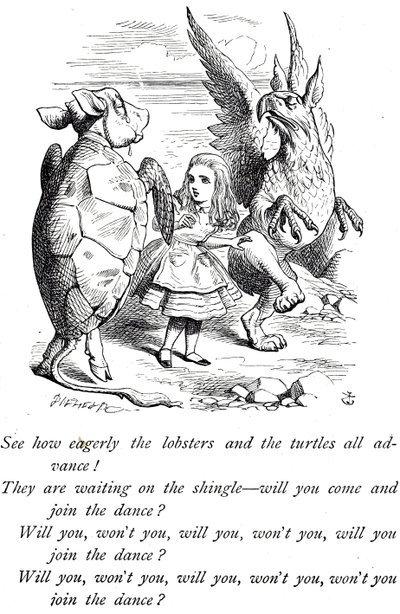 Alice, a Tartaruga Falsa e o Gryphon das Aventuras de Alice no País das Maravilhas de John Tenniel