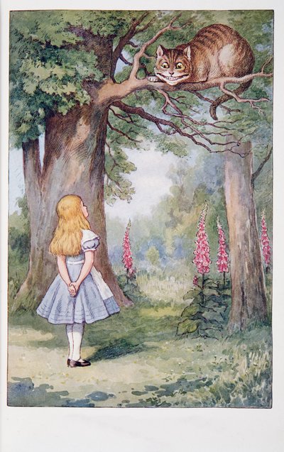 Alice e o Gato de Cheshire, Alicia Aventuras no País das Maravilhas e Através do Espelho e O Que Alice Encontrou Lá, de Lewis Carroll (1832 - 98), publicado em 1911 (litografia colorida) de John Tenniel