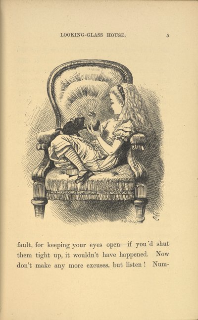Alice sentada em uma cadeira brincando com um gatinho. de John Tenniel