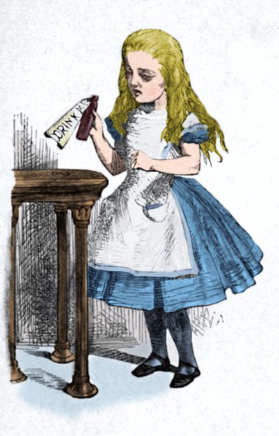 Alice olhando para a garrafa com a placa me bebe, 1889 de John Tenniel