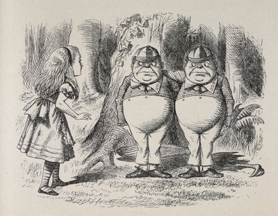 Alice encontra-se pela primeira vez com Tweedle Dee e Tweedle Dum.
Estavam debaixo de uma árvore, cada um com um braço à volta do pescoço do outro, e Alice sabia qual era o que num momento, porque um deles tinha "Dum" bordado no seu colarinho, e o outro "D de John Tenniel
