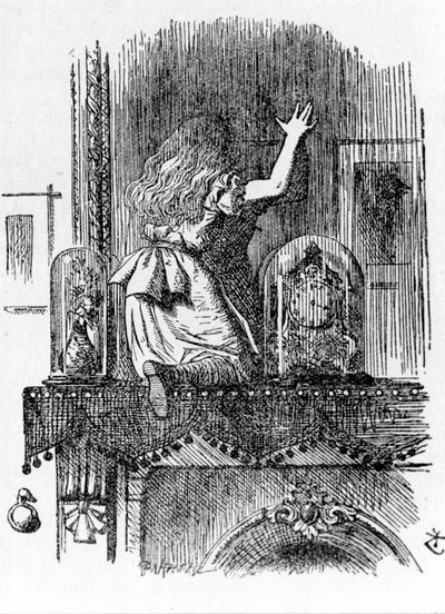 Alice atravessando o espelho - em "As aventuras de Alice no País das Maravilhas e através do espelho" de Lewis Carroll, ilustração de John Tenniel (1820-1914) de John Tenniel