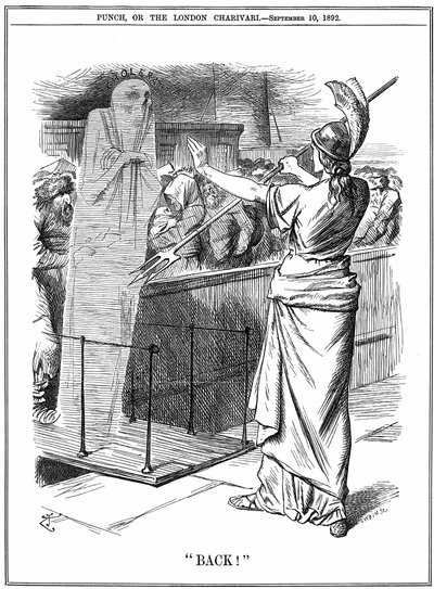 Britannia a conter a cólera nos portos britânicos. No surto de 1892 cerca de 260.000 morreram na Rússia e 7.600 em Hamburgo. A epidemia foi evitada na Grã-Bretanha. John Tenniel cartoon de Punch London, 10 de Setembro de 1892. de John Tenniel