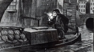 A campanha de John Tenniel sugerindo que o Parlamento deveria trazer regulamentos de segurança para o manuseio e transporte de explosivos após a destruição de uma barcaça carregando pólvora no Canal do Regente, em Londres. Ilustrado por John Tenniel (1820- de John Tenniel