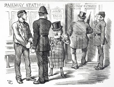 Comentário cartoon sobre os pedidos para que um sinal de sistema de bloqueio seja obrigatório nos caminhos-de-ferro britânicos de John Tenniel