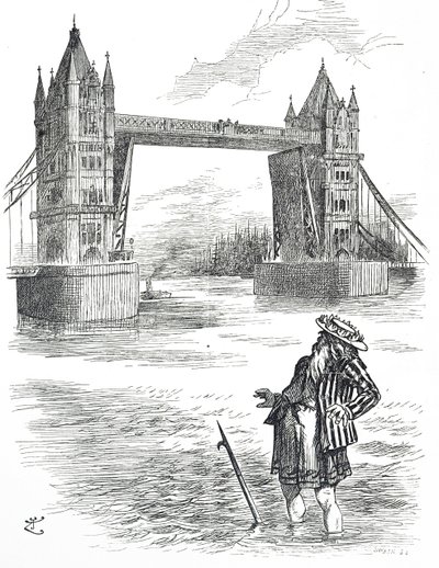 Desenho animado retratando o Padre Thames admirando a Ponte da Torre, Londres de John Tenniel