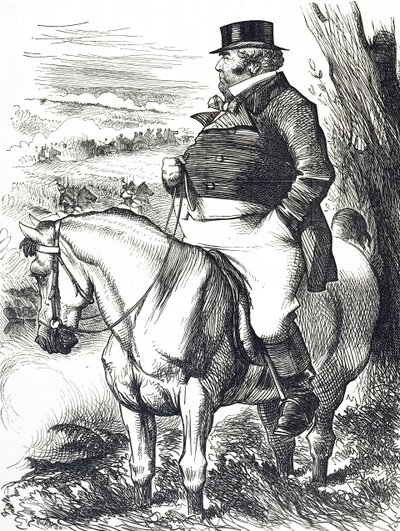 Desenho animado retratando John Bull assistindo manobras de outono de John Tenniel