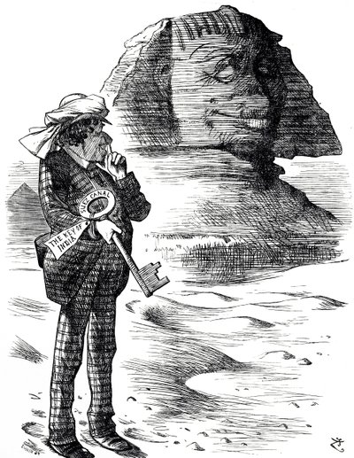 Desenho animado representando o Primeiro Ministro Benjamin Disraeli segurando o Canal de Suez como a chave para a posse e influência britânica na Índia de John Tenniel