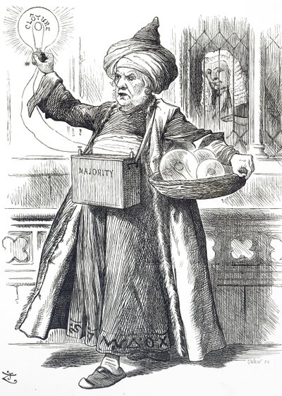 Desenho animado representando William Ewart Gladstone como Aladdin de John Tenniel