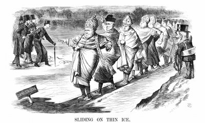 Inglês converte-se para Roma incluindo Newman, patinando em gelo fino enquanto, à esquerda, Pusey e seus amigos anglo-católicos 