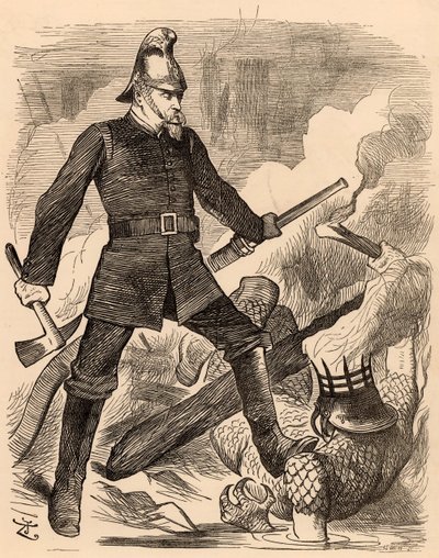 Eyre Massey Shaw combatendo incêndios, de "Punch" Londres, 20 de Agosto de 1887 (gravura) de John Tenniel