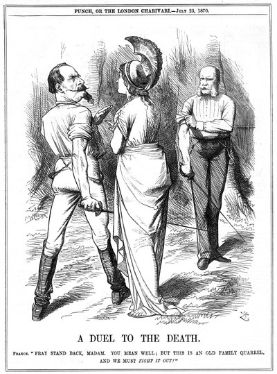 Guerra Franco-Prussiana 1870-1871: Britannia tenta conter Napoleão III a entrar em guerra com a Alemanha. Declaração francesa entregue em Berlim a 19 de Julho, proclamação a 23 de Julho. John Tenniel cartoon de Punch, Londres, 23 de Julho de 1870. Gravura de John Tenniel