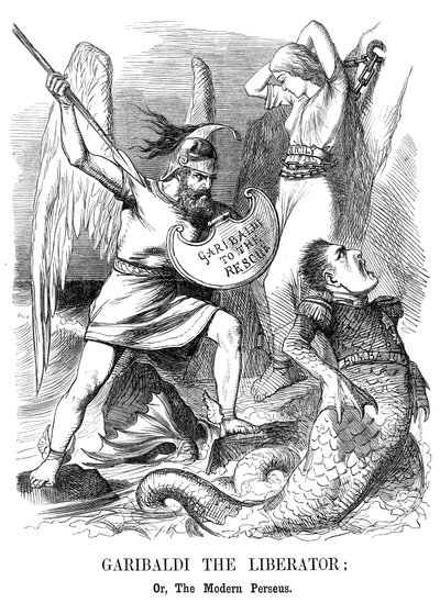 Giuseppe Garibaldi, conquistando a Sicília e Nápoles para o novo reino da Itália, 1860 de John Tenniel
