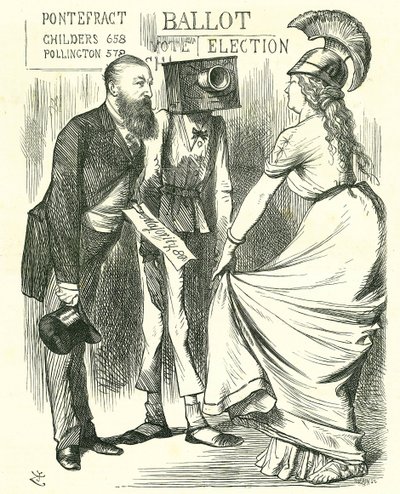 Hugh Childers (1827-1896) parlamentar britânico, falando à Britannia sobre o sucesso da nova urna de voto. John Tenniel cartoon de 