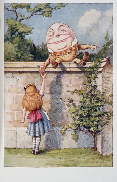 Humpty Dumpty, de Alices Adventures In Wonderland e através do espelho e que Alice encontrou lá, por Lewis Carroll (1832 - 98), publicado em 1911 (litografia colorida) de John Tenniel